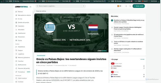 Security scan screenshot of https://www.lensafootball.com/es/noticias/grecia-vs-paises-bajos-los-neerlandeses-siguen-invictos-en-cinco-partidos
