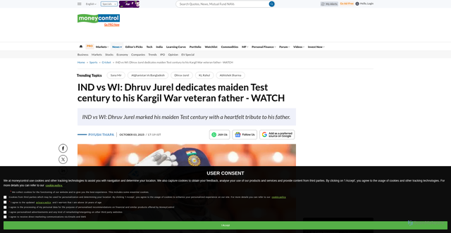 Security scan screenshot of https://www.moneycontrol.com/sports/cricket/ind-vs-wi-dhruv-jurel-dedicates-maiden-test-century-to-his-kargil-war-veteran-father-watch-article-13596159.html