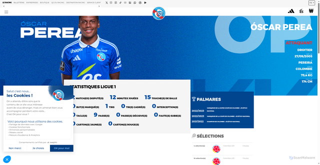 Security scan screenshot of https://www.rcstrasbourgalsace.fr/joueurs/oscar-perea/