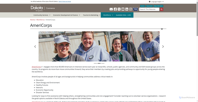 Security scan screenshot of https://www.commerce.nd.gov/workforce/americorps