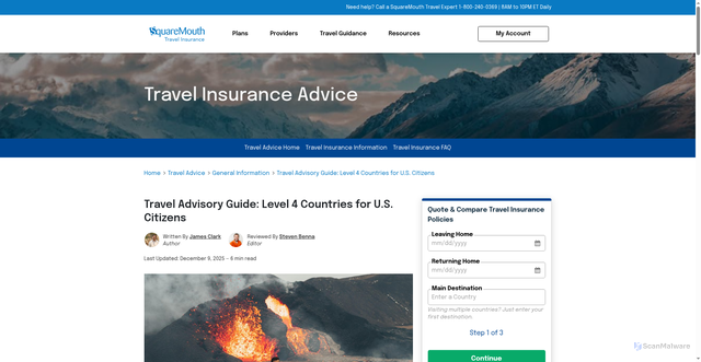 Security scan screenshot of https://www.squaremouth.com/travel-advice/travel-advisory-guide-level-4-countries-for-u-s-citizens