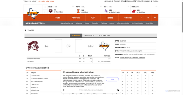 Security scan screenshot of https://goutrgv.com/boxscore.aspx?id=29329