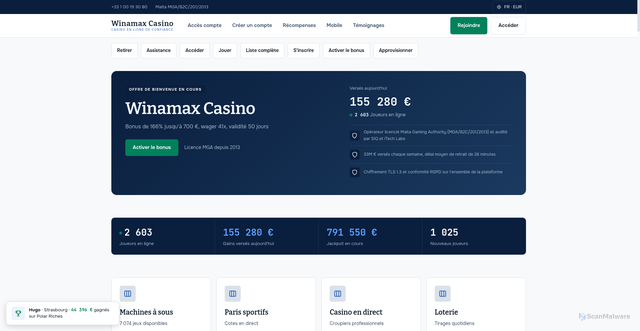 Security scan screenshot of https://winamaxcasino.fr/