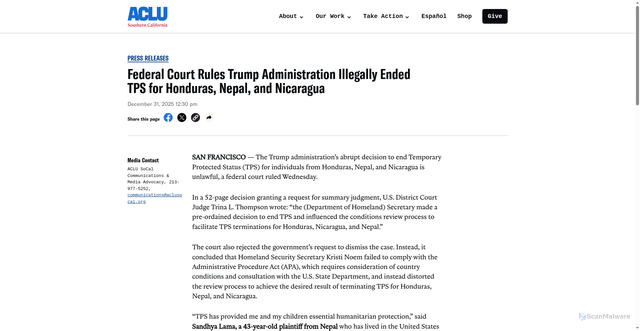 Security scan screenshot of https://www.aclusocal.org/press-releases/federal-court-rules-trump-administration-illegally-ended-tps-for-honduras-nepal-and-nicaragua/