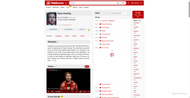 Security scan screenshot of https://www.filmbooster.ca/en-gb/creator/4960-ryan-gosling/overview/