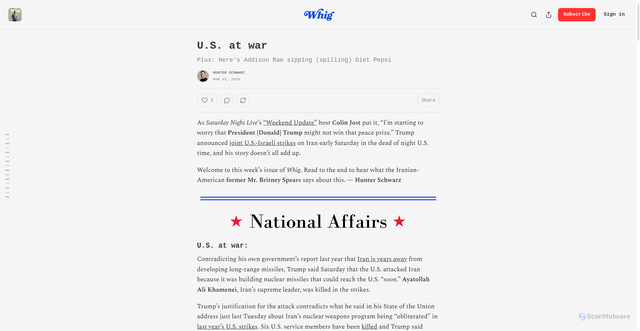 Security scan screenshot of https://whig.substack.com/p/us-at-war