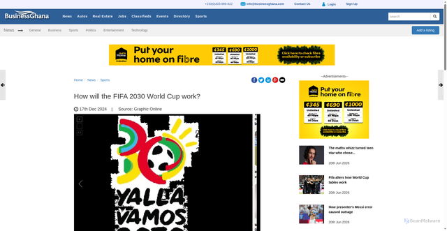 Security scan screenshot of https://businessghana.com/site/news/sports/319654/How-will-the-FIFA-2030-World-Cup-work