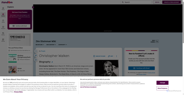 Security scan screenshot of https://jimsteinman.fandom.com/wiki/Christopher_Walken