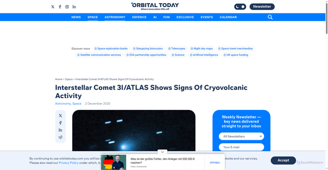 Security scan screenshot of https://orbitaltoday.com/2025/12/02/interstellar-comet-3i-atlas-shows-signs-of-cryovolcanic-activity/