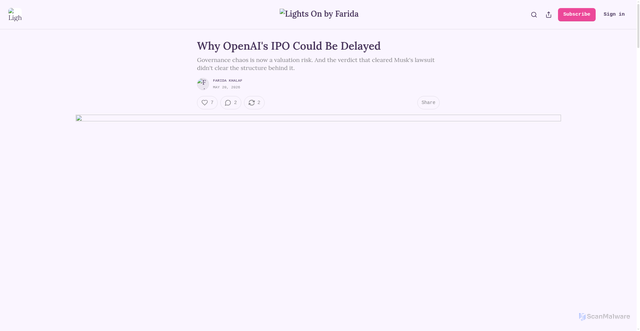 Security scan screenshot of https://fafi25.substack.com/p/openai-ipo-delayed-governance-chaos-valuation-risk