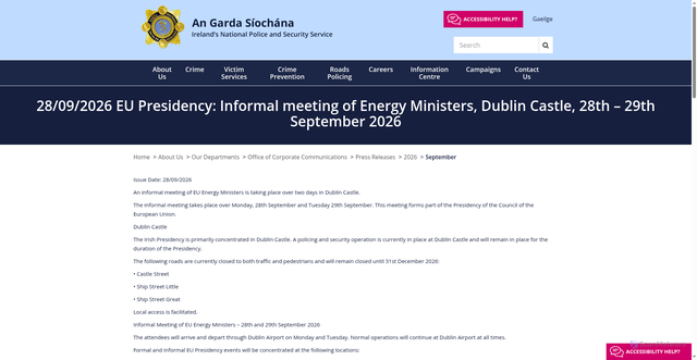 Security scan screenshot of https://www.garda.ie/en/about-us/our-departments/office-of-corporate-communications/press-releases/2026/september/28-09-2026-eu-presidency-informal-meeting-of-energy-ministers-dublin-castle-28th-29th-september-20261.html