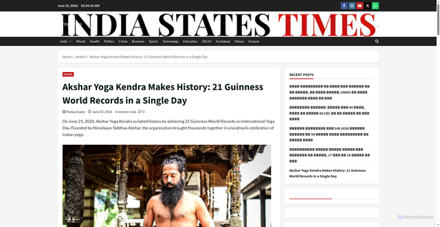 Security scan screenshot of https://indiastatestimes.in/akshar-yoga-kendra-21-guinness-world-records-international-yoga-day-2026/