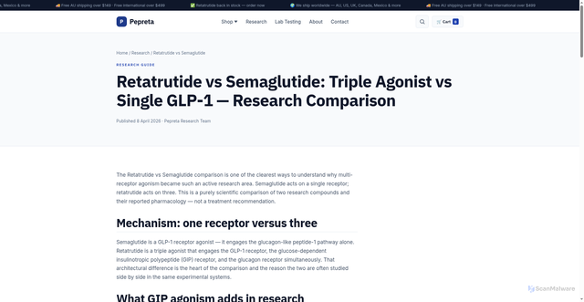 Security scan screenshot of https://pepreta.com/blog/retatrutide-vs-semaglutide