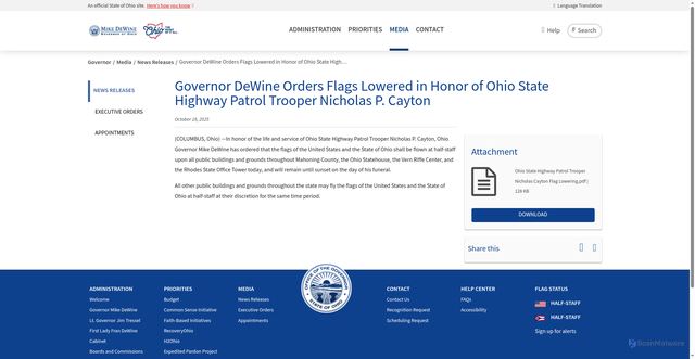 Security scan screenshot of https://governor.ohio.gov/media/news-and-media/governor-dewine-orders-flags-lowered-in-honor-of-ohio-state-highway-patrol-trooper-nicholas-p-cayton