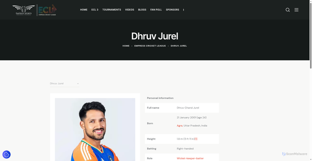 Security scan screenshot of https://empresscricketleague.com/player/dhruv-jurel/