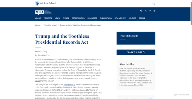 Security scan screenshot of https://law.yale.edu/mfia/case-disclosed/trump-and-toothless-presidential-records-act