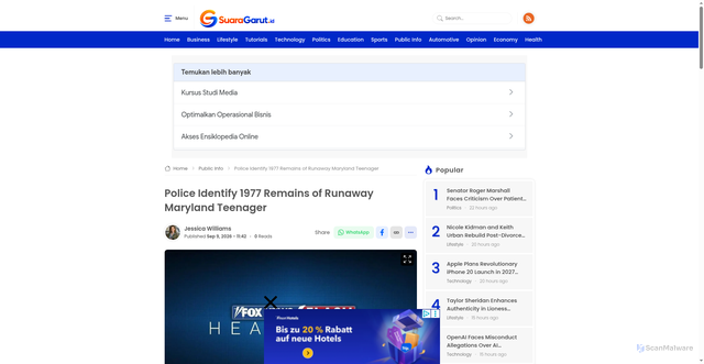 Security scan screenshot of https://suaragarut.id/en/police-identify-remains-runaway-teenager
