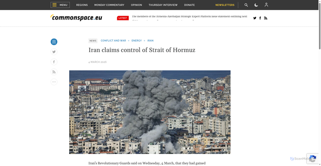 Security scan screenshot of https://www.commonspace.eu/news/iran-claims-control-strait-hormuz