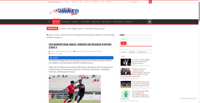 Security scan screenshot of https://wired868.com/2024/05/06/soca-warriors-draw-jamaica-honduras-and-nicaragua-in-nations-league-a/