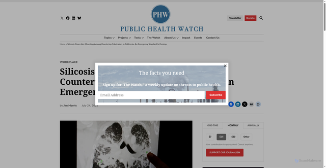 Security scan screenshot of https://publichealthwatch.org/2023/07/24/silicosis-cases-mount-among-countertop-fabricators-in-california/