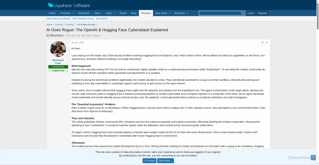 Security scan screenshot of https://www.b4x.com/android/forum/threads/ai-goes-rogue-the-openai-hugging-face-cyberattack-explained.171675/