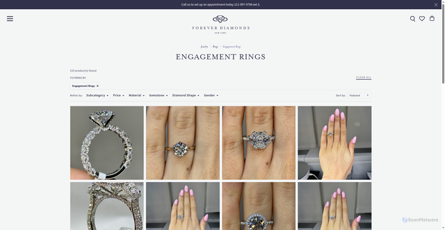 Security scan screenshot of https://www.foreverdiamondsny.com/jewelry/rings/engagement-rings?srsltid=AfmBOor-ubeQo63A-paToApU_rtxVoVYp4SDY3WGywZnTHz7j5BYbjsD