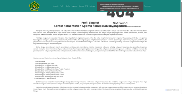 Security scan screenshot of https://kemenagkayongutara.com/Profil/sejarah/