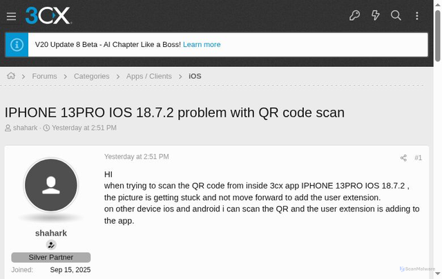 Security scan screenshot of https://www.3cx.com/community/threads/iphone-13pro-ios-18-7-2-problem-with-qr-code-scan.135836/