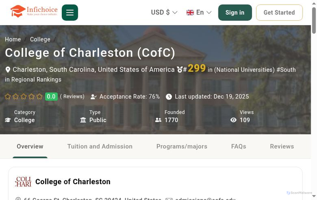 Security scan screenshot of https://www.infichoice.com/school/college-of-charleston
