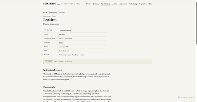 Security scan screenshot of https://firstfemale.net/appointments/claudia-sheinbaum-president/