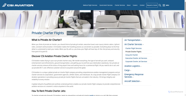 Security scan screenshot of https://www.csiaviation.com/private-jet-charter-company-services.html