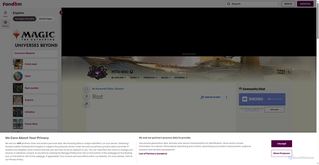 Security scan screenshot of https://mtg.fandom.com/wiki/Riot