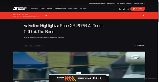 Security scan screenshot of https://www.supercars.com/videos/6405000309112/valvoline-highlights:-race-29-2026-airtouch-500-at-the-bend