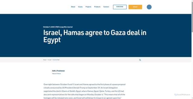 Security scan screenshot of https://www.fdd.org/analysis/2025/10/09/israel-hamas-agree-to-gaza-deal-in-egypt/