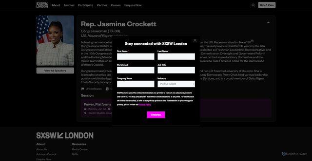Security scan screenshot of https://sxswlondon.com/speakers/rep-jasmine-crockett-58f89f31