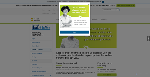 Security scan screenshot of https://www.pahealthwellness.com/members/ltss/benefits-services/flu-shots.html