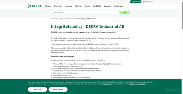 Security scan screenshot of https://www.dekra.se/sv/integritetspolicy/