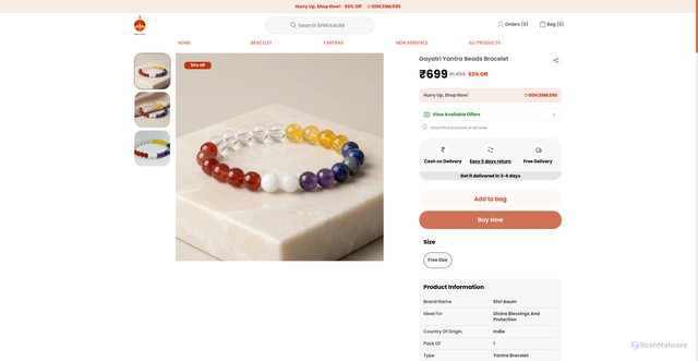 Security scan screenshot of https://shriaaum.store/Gayatri-Yantra-Beads-Bracelet/catalogue/5EQmUNiL/Vwms1S27