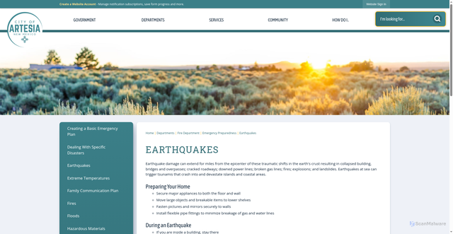 Security scan screenshot of https://www.artesianm.gov/339/Earthquakes