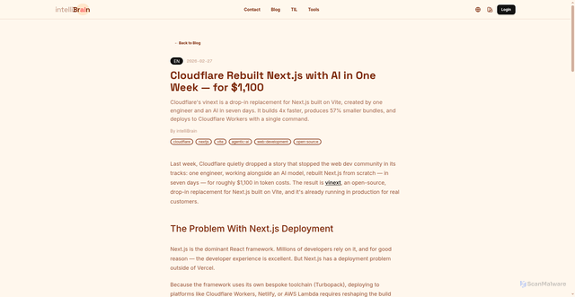 Security scan screenshot of https://intellibrain.pages.dev/blog/2026-02-27-vinext-cloudflare-rebuilt-nextjs-with-ai