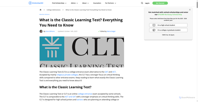 Security scan screenshot of https://scholarships360.org/college-admissions/classic-learning-test/