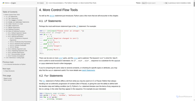 Security scan screenshot of https://docs.python.org/3/tutorial/controlflow.html
