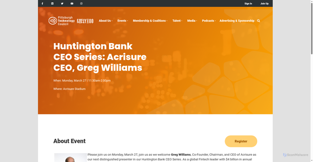 Security scan screenshot of https://www.pghtech.org/events/Huntington_Acrisure_CEO_2023