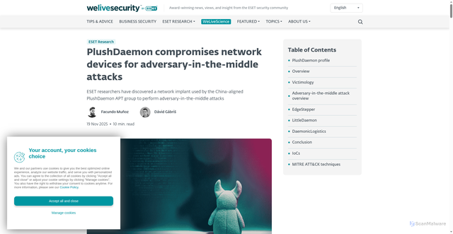 Security scan screenshot of https://www.welivesecurity.com/en/eset-research/plushdaemon-compromises-network-devices-for-adversary-in-the-middle-attacks/