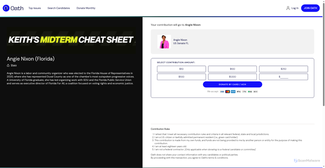 Security scan screenshot of https://app.oath.vote/donate?p=keithedwards-house-26-nixon&ref=in_ke