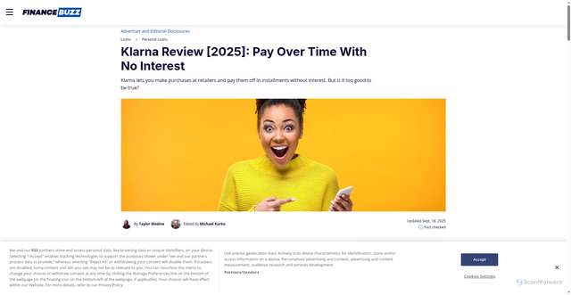 Security scan screenshot of https://financebuzz.com/klarna-review