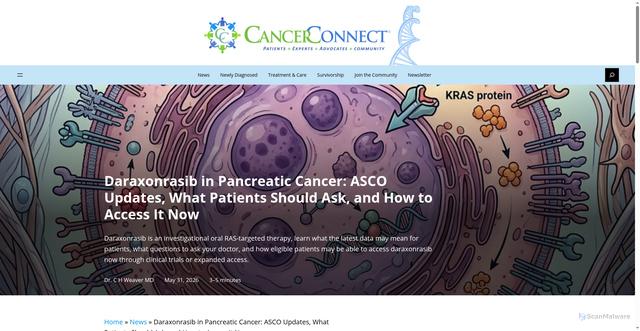 Security scan screenshot of https://news.cancerconnect.com/daraxonrasib-in-pancreatic-cancer-asco-updates-what-patients-should-ask-and-how-to-access-it-now/
