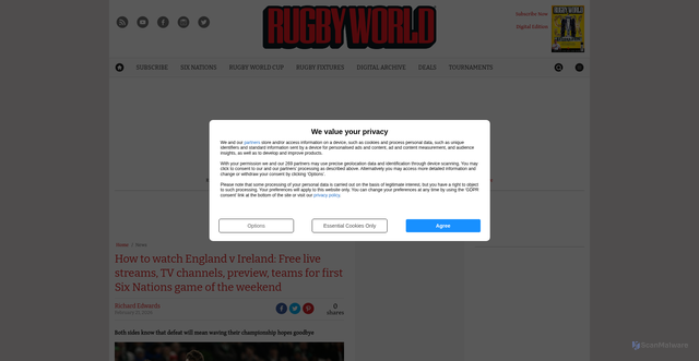 Security scan screenshot of https://www.rugbyworld.com/news/watch-england-ireland-six-nations-2026-free-182192