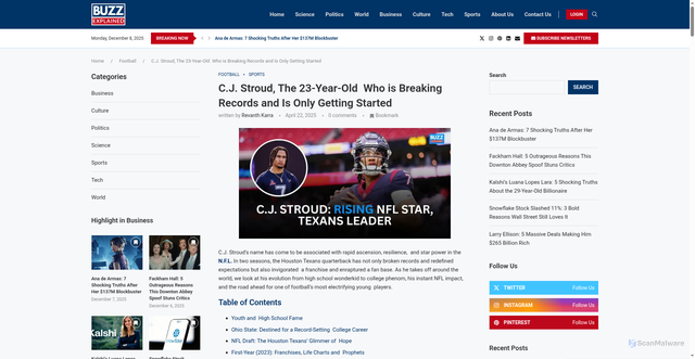Security scan screenshot of https://buzzexplained.com/sports/football/cj-stroud-nfl-career/