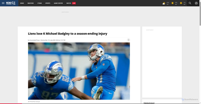 Security scan screenshot of https://wwmt.com/sports/lions-lose-k-michael-badgley-to-a-season-ending-injury